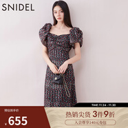 SNIDEL2025春夏新品優(yōu)雅淑女泡泡袖亮片雪紡印花連衣裙SWFO251088 黑色 M (1)