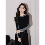 一字領(lǐng)長(cháng)袖感打底衫女秋冬內搭2025年新款針織百搭打底 黑拼暗灰 M _【90-102斤】