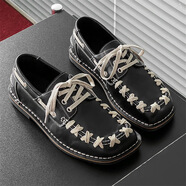 kangnai復古休閑皮鞋男女方頭低幫單鞋通勤百搭情侶款黑色-J 棕色內增高 34