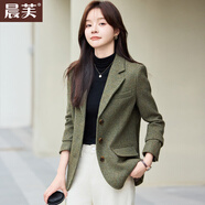 晨芙毛呢西裝外套女秋冬小個(gè)子時(shí)尚休閑復古氣質(zhì)高級感加厚羊毛小西服 三?？劬G色西裝 XL 建議110-120斤
