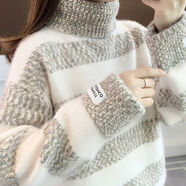 DALEY MODE高領(lǐng)毛衣女2025秋冬新款拼色寬松外穿保暖氣質(zhì)橫條紋百搭上衣女 咖啡色 M L(衣長(cháng)60c)