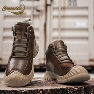 鱷魚(yú)恤真皮馬丁靴男款冬季加絨保暖棉鞋男士機車(chē)男鞋高幫工裝 紅棕 41