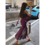 INMIMIFACE性感純欲方領(lǐng)開(kāi)叉吊帶雪紡紫色連衣裙夏露背包臀長(cháng)裙 紫色現貨 L L