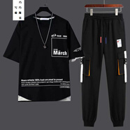 寫(xiě)璇 男裝夏季短袖t恤套裝男長(cháng)褲中袖一套衣服 男生夏天春夏日韓版潮流學(xué)生夏裝男士青少年半袖整套運動(dòng)裝 D05黑色短袖套裝 XL（115-130斤）