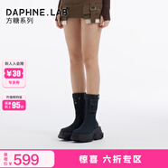 DAPHNE LAB達芙妮方糖短靴厚底增高復古牛仔口袋煙筒靴9.5CM女靴  黑色 35