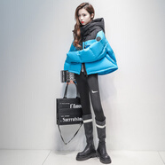 靚麗芭娜潮牌連帽短款羽絨服女冬裝寬松顯瘦拼接撞色加厚保暖90白鴨絨外套 湖藍色 S