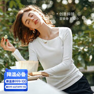 Olrain歐芮兒灰色長(cháng)袖T恤女裝秋季通勤斜肩設計感打底衫上衣 米白色 XL