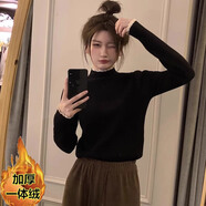 香影芬蕾絲花邊半高領(lǐng)針織打底衫女皮草內搭上衣秋冬季加絨加厚保暖毛衣 黑色 XL