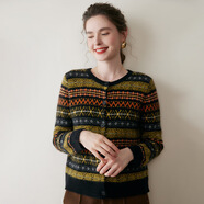 kangnai秋冬山羊絨衫女針織圓領(lǐng)開(kāi)衫撞色歐美風(fēng)女時(shí)尚休閑提花冬季毛衣 彩色費爾島 均碼