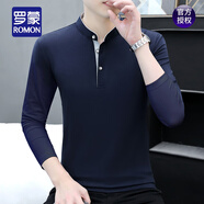 羅蒙（ROMON）立領(lǐng)純棉長(cháng)袖t恤男裝秋冬季打底衫加絨加厚V中半高領(lǐng)保暖內衣 LQ-春秋薄 款221立 領(lǐng)-寶藍 L 碼[115-130斤]