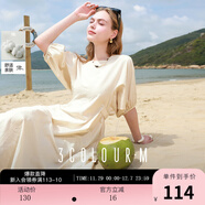 三彩2025夏季新款設計感連衣裙蝙蝠袖圓領(lǐng)收腰A字裙長(cháng)裙M 米白色 S 155/80A