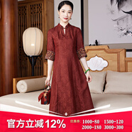 璽玥中國風(fēng)古典老紫檀紅龜紋香云紗改良中式旗袍連衣裙2025春夏裙子 棕紅色 L （體重105~115）