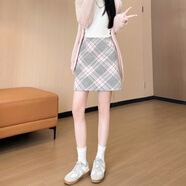 莫代爾灰粉半身裙復古毛呢格紋包臀女2025新款秋冬加厚高腰顯瘦a字短裙 灰粉格紋 S 【適合80-95斤】