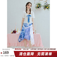 兩三事花田錯 2025夏季新款小清新格子印花蕾絲拼接不規則半身裙 水藍色 M
