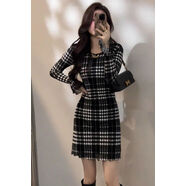 小紅書(shū)同款法式覆古赫本風(fēng)千鳥(niǎo)格連衣裙女秋冬感氣質(zhì)收腰內搭打底 短款連衣裙 S S