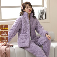 特絲格斯 法蘭絨睡衣女冬季加厚套裝三層夾棉襖加絨大碼保暖家居服可外穿 丁香紫-(加厚三層夾棉) 2XL (適合120-140斤)