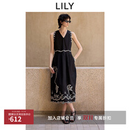 LILY2025夏新款女裝復(fù)古波西米亞風(fēng)棉麻飛鳥繡花無袖連衣裙小黑裙 510黑 L