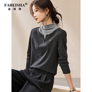 法貝莎品牌智感OL假兩件打底衫冬季設計感時(shí)髦刺繡保暖加厚T恤 深灰色 M