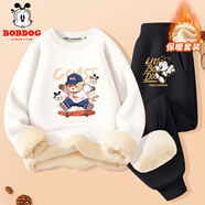巴布豆兒童加絨套裝男童秋冬新款加厚保暖一體絨兩件套百搭運動(dòng)風(fēng)帥氣 白 棕熊巴布+黑 酷巴布X 120