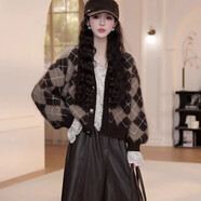 AEMAPE菱形格針織開(kāi)衫毛衣女2025秋冬新款v領(lǐng)短款長(cháng)袖針織衫外套上衣女 咖色外套 XL 建議105-120斤