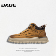 八哥BAGE品牌男鞋2025秋冬新款軟底增高工裝鞋高幫皮面戶(hù)外運動(dòng)板鞋男 黃棕 39