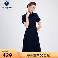 Navigare意大利小帆船女士連衣裙25夏季休閑百搭裙子不對稱(chēng)翻領(lǐng)通勤中長(cháng)裙 海軍藍 XL