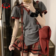 若盼2025夏季新款復古V領(lǐng)學(xué)院風(fēng)套裝辣妹鹽系風(fēng)不規則下擺上衣格子裙 格紋不規則短袖+蓬蓬裙 送領(lǐng)帶 M 95-110斤