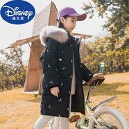 迪士尼（Disney）特價(jià)兒童羽絨服中大女童中長(cháng)款2025新款女孩韓版刺繡冬季加厚外套 黑色繡花-銀小鹿 110