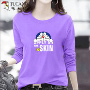 啄木鳥(niǎo)（TUCANO）純棉長(cháng)袖t恤女裝2025秋冬季新款韓版大碼體恤寬松上衣打底衫 輕薄紫叮當貓 A001單件裝薄 2XL 【建議130-150斤】