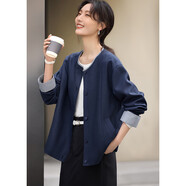 XWI欣未知性通勤條紋拼接外套女2025年春季百搭棉麻質(zhì)感圓領(lǐng)上衣