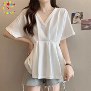 CS.LION大碼女裝韓版胖妹妹夏新款法式V領(lǐng)壓褶別致遮肚子顯瘦短袖T桖上衣 白色  XL  120-140斤