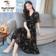 啄木鳥(niǎo)冰絲連衣裙女碎花雪紡大尺碼2025新款夏季長(cháng)款黑色30一40歲50媽m 黑色 M (建議90-100斤)