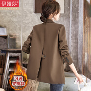 伊婭莎休閑小西裝外套女春秋時尚修身顯瘦小個子短款氣質開叉西服女上衣 (常規(guī))咖色西裝 M 推薦90-105斤