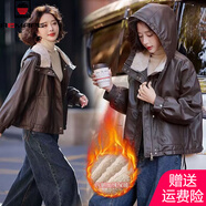 AEMAPE加絨加厚保暖PU皮衣女2025秋冬季小個(gè)子休閑寬松外套皮毛一體夾克 卡其色 L 108-118斤