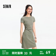森馬（Semir）連衣裙女收腰T恤裙小心機夏季2025新款繡花圓領(lǐng)短裙簡(jiǎn)約休閑 橄欖綠A41805 M