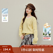 茵曼2025冬季女裝新款麻花毛衣花邊V領(lǐng)寬松套頭長(cháng)袖針織衫 淺黃色 XL