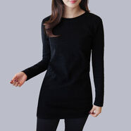 女式長(cháng)袖顯瘦韓版百搭t恤女士春秋季裝中長(cháng)款修身秋冬內搭打底衫T 黑色 M M適合80-95斤