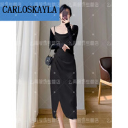 CARLOS KAYLA醋酸緞面連衣裙法式吊帶女秋季褶皺修身感氣質(zhì)名媛開(kāi)叉a字 黑色開(kāi)衫+黑色吊帶連衣裙 L 100斤-115斤