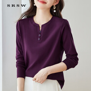 SRSW 長(cháng)袖t恤女士打底衫春秋新款時(shí)尚百搭減齡洋氣女裝正肩女士上衣 蘭花紫 3XL （建議136-150斤）