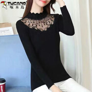 啄木鳥(niǎo)（TUCANO）秋冬韓版百搭半高領(lǐng)花邊蕾絲繡花網(wǎng)紗鏤空鑲鉆修身針織打底毛衣潮 A款 黑色 L (100-110斤)