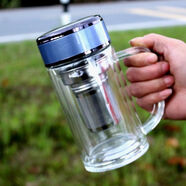 亞泰雙層玻璃杯帶把手柄泡茶杯辦公大容量加厚耐熱隔溫商用水杯 辦公杯睿智藍雙節網(wǎng)380ml+杯刷南極奇