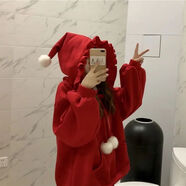 雪瀾迪特大碼胖mm2-300斤圣誕節連帽衛衣女裝冬季寬松紅色可愛(ài)ins外套潮 紅色 XL 建議120-150斤