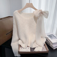 傲甜毛衣女純色甜美蝴蝶結設計感蝙蝠袖毛衣女款2025新款冬寬松短款 米白色 S 【建議75-90斤】