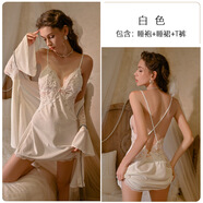 浪莎性感睡衣女士蕾絲吊帶睡裙冰絲仿真絲秋季薄款高級感帶胸墊家居服 130白色有墊套裝金絲絨秋冬款 M 建議80-105斤