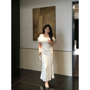 明星同款2025新款連衣裙大小姐微胖大尺碼 “椰影白沙”法式氣質(zhì) 珍珠白洋裝 L 110-125