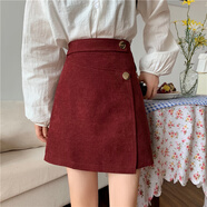 大碼設計感不規則半身裙子ins遮胯毛呢A字裙胖mm秋冬顯瘦包臂短裙 酒紅色 S