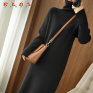 RLAS長(cháng)款毛衣女過(guò)膝秋冬新款寬松加厚高領(lǐng)針織連衣裙連體長(cháng)裙內搭打底 黑色 S