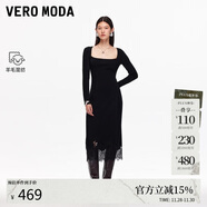 VEROMODA 連衣裙女2025秋冬新款含綿羊毛方領(lǐng)A字蕾絲拼接針織裙325446018