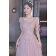 冰媚小紅書(shū)爆款粉色長(cháng)款晚禮服短袖泡泡袖韓版輕奢小眾高端適用禮演出 粉色長(cháng)款 2XL 2XL