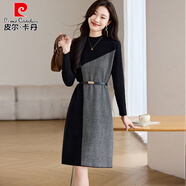 皮爾卡丹毛衣裙女秋冬2025年新款高級感羊毛針織連衣裙加厚拼色配大衣冬裙 黑拼色 M